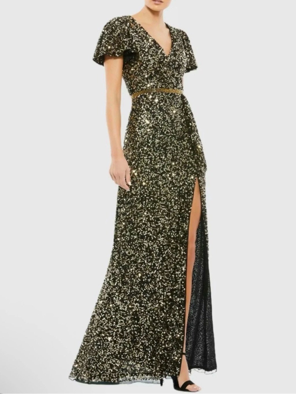 Mac Duggal Black /Gold Sequined Wrap Over Butterfly Sleeve Gown Sz 12 New